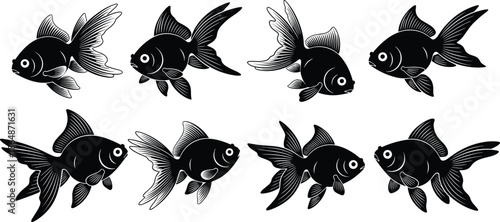 Goldfish silhouette illustration, aquatic animal vector art, ornamental fish drawing, marine wildlife design, black and white artwork, underwater nature concept, decorative aquarium image