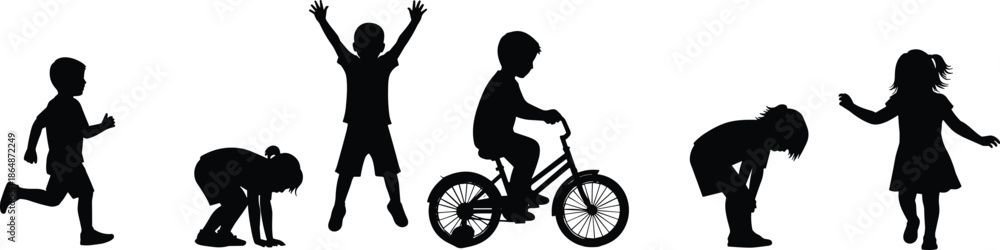 Fototapeta premium Black silhouette of a group of children playing, running, jumping, and riding a bicycle, active kids set isolated on white,