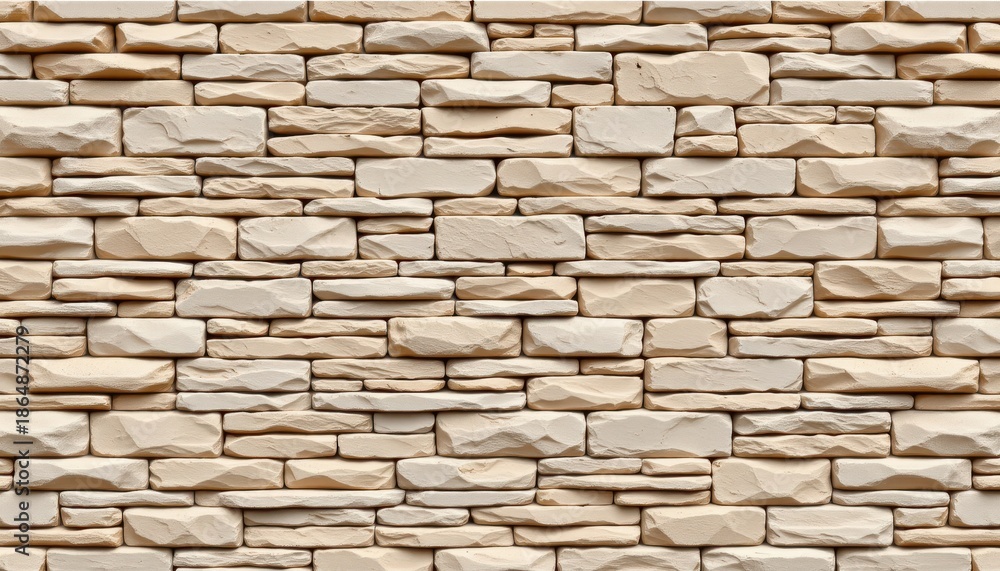 Obraz premium Textured beige stone wall with irregular shapes creating an elegant and natural backdrop for various interior designs and exterior spaces.