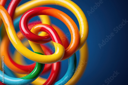 An Abstract Composition of Intertwined, Vibrant, and Glossy Tubes Against a Deep Blue Background, Evoking a Sense of Playfulness and Modern Artistic Expression