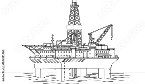 Offshore oil rig silhouette illustration, industrial drilling platform vector art, petroleum extraction design, ocean engineering drawing, black and white energy infrastructure concept image