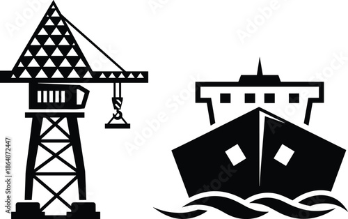 Port crane silhouette illustration, cargo ship vector art, maritime transport drawing, harbor infrastructure design, black and white artwork, ocean shipping concept image
