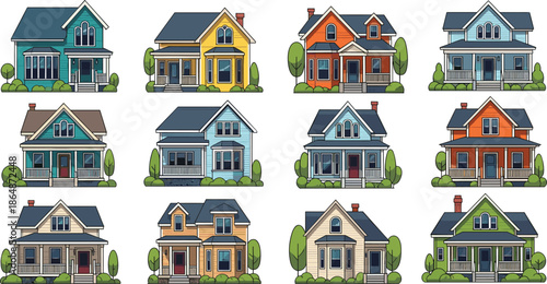 House illustration grid, residential style, CAD drawing, flat vector, architectural sketch, colorful homes, porch window, roof design, garden view, real estate