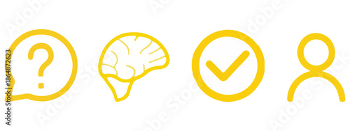 Yellow Outline Icons – Question, Star, Brain, Timer, and Check Mark Symbols .