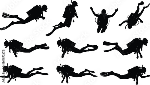 Scuba diver silhouette illustration, underwater swimming vector art, marine exploration drawing, ocean diving design, black and white artwork, aquatic adventure concept image