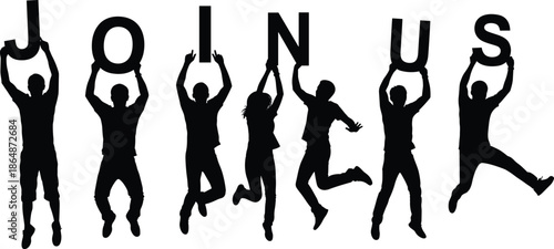 Black silhouette of a group of people jumping and holding letters spelling JOIN US, recruitment and teamwork concept on white,