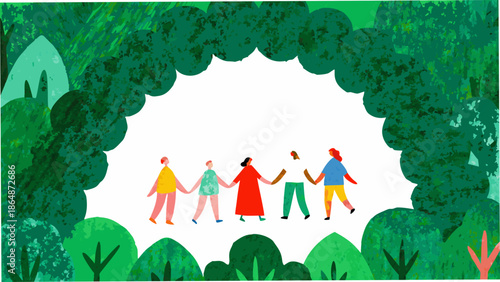 A group of people holding hands beneath a lush green and white canopy