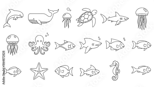 Marine life outline illustrations, flat minimalist icon set, modern graphic design, white background