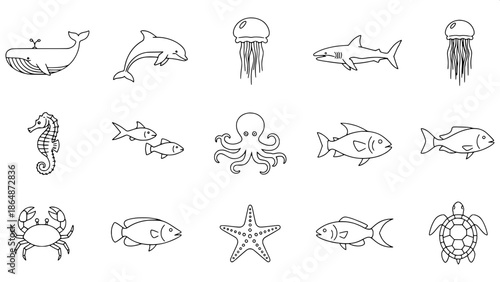 Marine life outline illustrations, flat minimalist icon set, modern graphic design, white background
