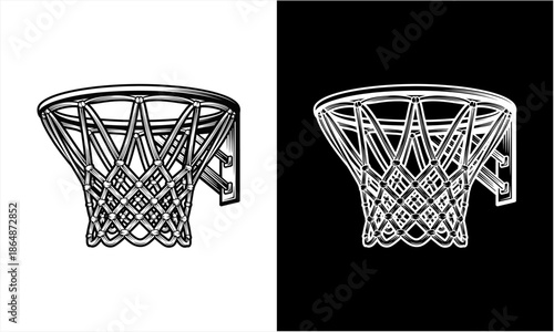 Detailed Engraving Style Basketball Hoop and Net Illustration.