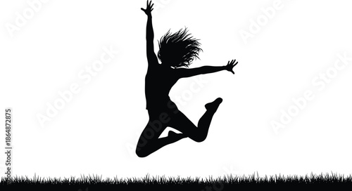 Black silhouette of a happy woman jumping high in the air over grass, female figure celebrating success and freedom, isolated