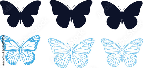 Butterfly silhouette, outline vector, CAD drawing, flat illustration, insect wings, nature sketch, symmetrical design, black blue contrast, entomology art, decorative motif