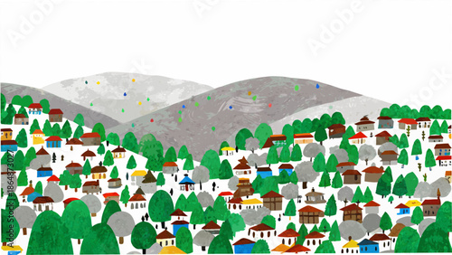 A colorful illustration depicting a village nestled among rolling green hills and mountains