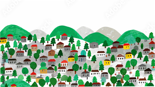 A charming illustrated village nestled among green hills and snowy peaks