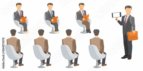 Business professionals in a meeting or interview arrangement showing presentation and audience