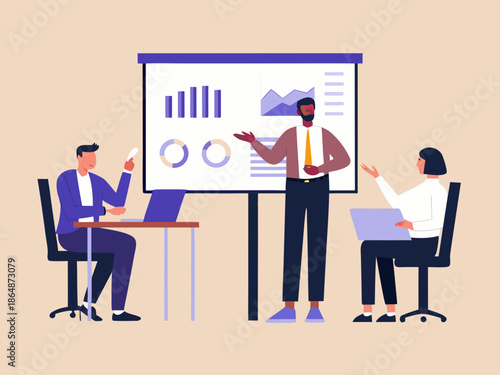 Business presentation with a speaker attendees and data visualization charts