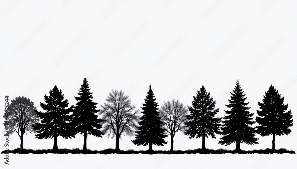 Obraz premium Silhouette of Various Trees in Black Against a Light Background, Nature Wilderness, Forest and Landscape Elements