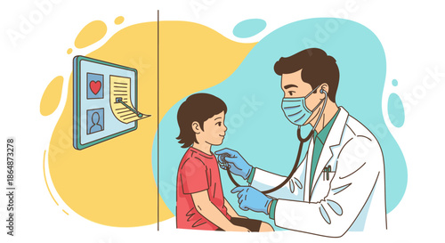 A caring male pediatrician in a mask and gloves performs a routine medical check-up on a young girl, emphasizing compassionate healthcare.