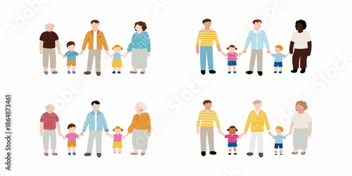 Diverse families holding hands representing unity and generations together