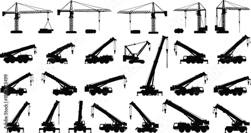 Crane silhouette, construction equipment, CAD drawing, flat vector, tower crane, mobile crane, boom lift, engineering sketch, lifting machine, industrial vehicle