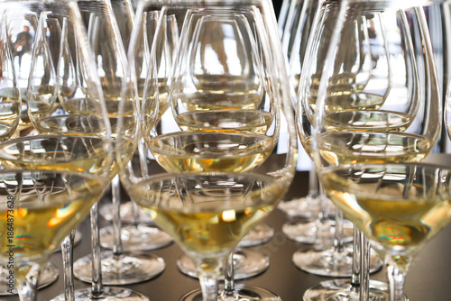 White wine glasses in a restaurant
