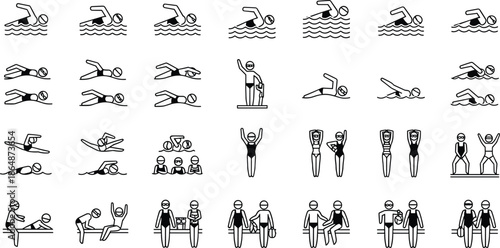 Swimming icon silhouette illustration, water sport vector art, aquatic activity design, synchronized swimming graphic, diving artwork, freestyle stroke drawing, competitive swimming concept image