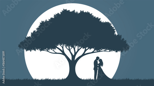 Loving couple standing under giant tree silhouette against large full moon on dark evening