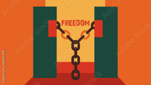 A Conceptual Minimalist Illustration Depicting Oppression and Lack of Freedom Using Chain Symbolism on an Orange Background