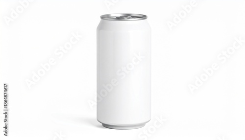 A plain white aluminum beverage can standing upright on a white background, smooth and unbranded.