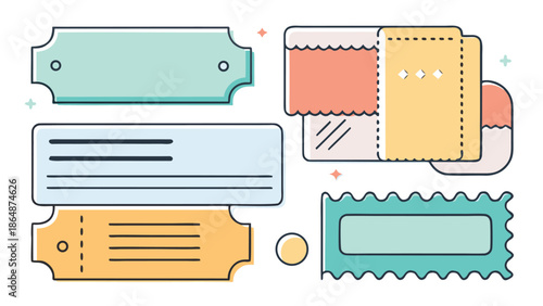 Colorful icons of a ticket and a coup, representing events and actions, displayed side by side..eps