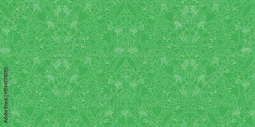 Seamless vector pattern of linear flowers on a green background. Elegant hand-drawn illustration. Doodle style for design, scrapbooking, and book design.