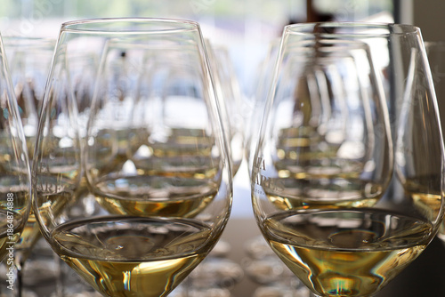 White wine glasses in a restaurant