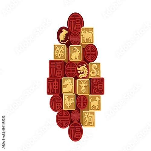 A decorative arrangement of red and gold symbols forming a festive pattern