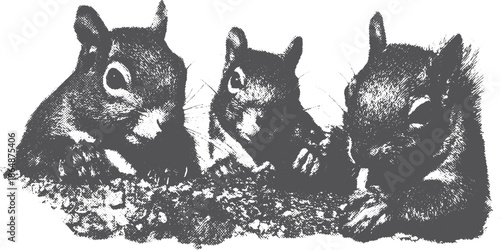 Squirrel animals in black and white vector illustration. Realistic drawing set showcasing details and anatomy.