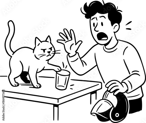 Black and white line art illustration of man spilling coffee accident suitable for daily life problem concept
