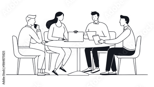 Outline drawing showing a group of people talking together at a table..eps