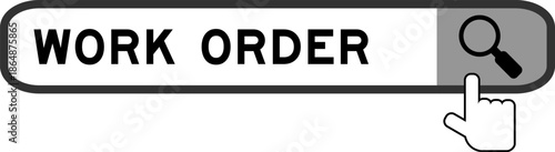 Search banner in word work order with hand over magnifier icon on white background