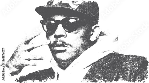 Man in a black and white photo wearing sunglasses and cap. A modern urban style vector illustration that conveys coolness.