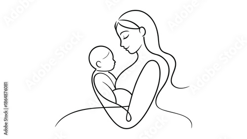 One line drawing of a mother gently holding her baby, showcasing a tender and loving bond between them..eps