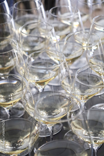 White wine glasses in a restaurant