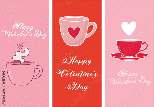 Valentine's Day Greeting Cards with Coffee Cups Heart Designs for Love Romance and Happy Celebrations Pink Red Color Scheme