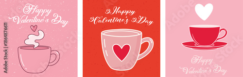 Happy Valentine's Day Greeting Cards with Coffee Cups Heart Symbols and Romantic Pink Red Color Scheme for Celebrating Love and Affection