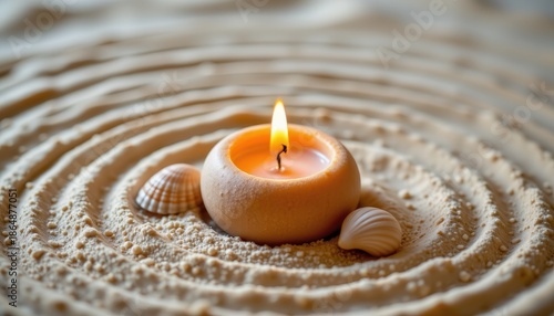 Tranquil Candle in Seashell Arrangement on Serene Sand Surface with Soft Ripples and Warm Glow of Gentle Flame