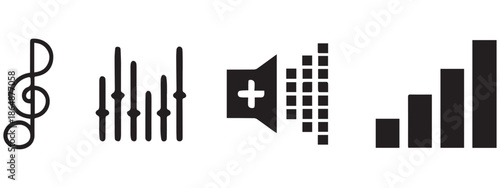 Music and Sound Icons – Audio Volume, Equalizer, and Treble Clef Design .