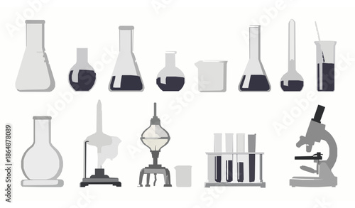 Realistic chemical laboratory equipment vector set with glass flasks beakers and microscope