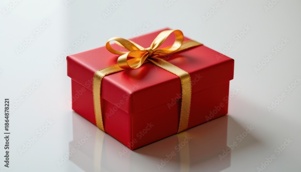 Fototapeta premium Red Gift Box Wrapped with Golden Ribbon on a Smooth White Surface for Holiday Celebrations and Special Occasions