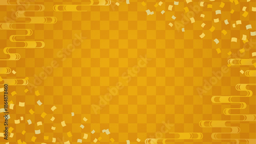 金色の市松模様と流水紋と紙吹雪の和風背景素材