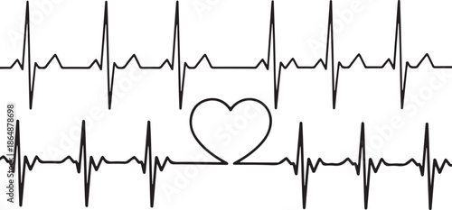 Heartbeat electrocardiogram line with heart symbol medical illustration isolated on white