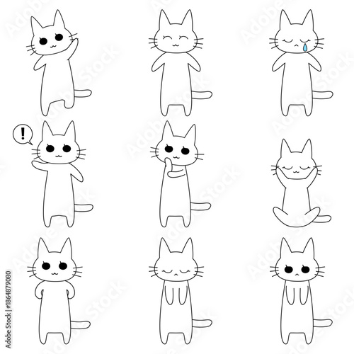 白猫のイラスト かわいい猫のキャラクター 表情とポーズのバリエーション セット 喜怒哀楽 挨拶
