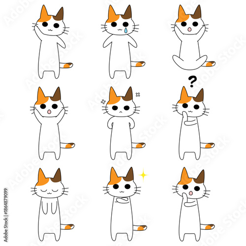 表情豊かな三毛猫のキャラクターポーズセット 喜怒哀楽 全身 猫のイラスト